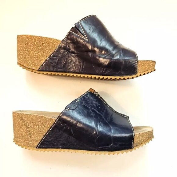 Josef Seibel Meike Platform Wedge Sandals Size 7.5 EU 38 Dark Blue Leather Slide - Picture 6 of 8